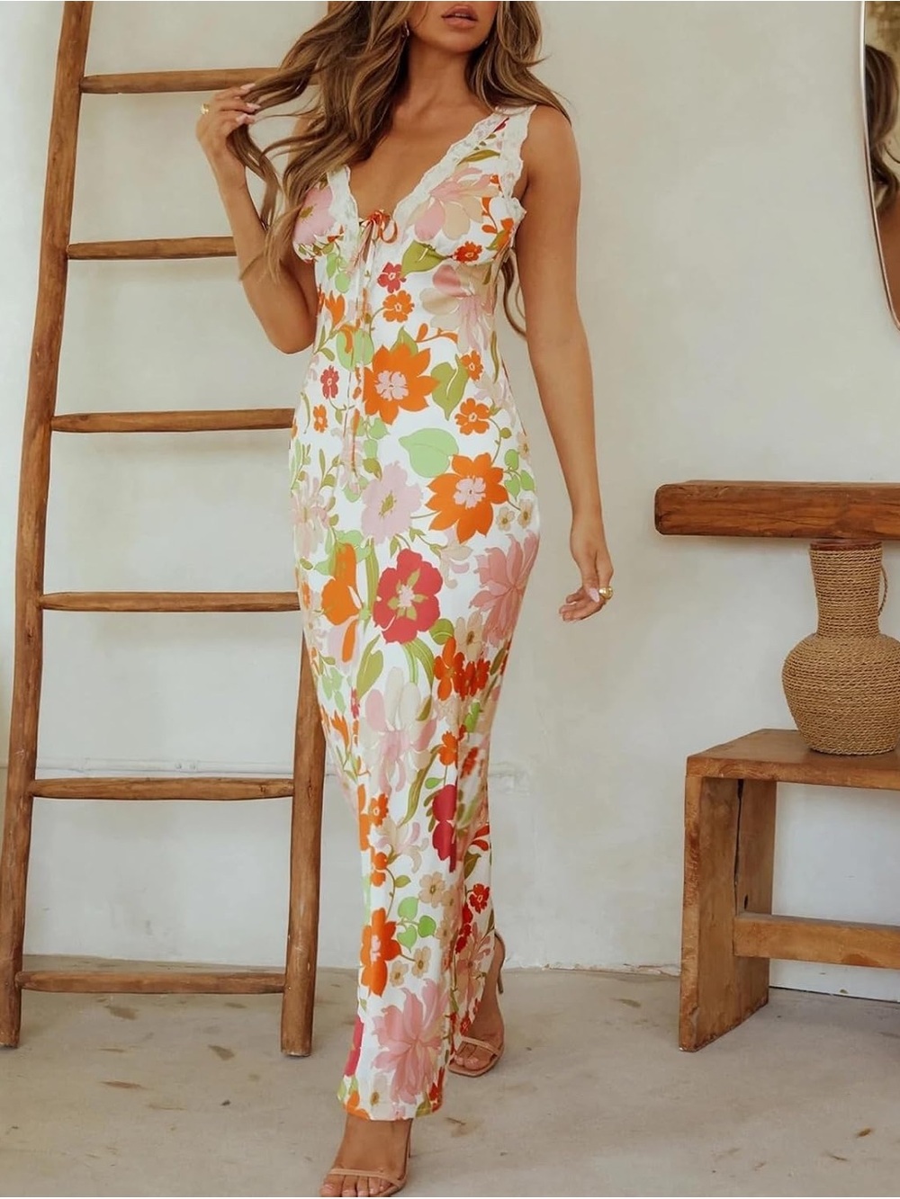 NWT Floral stain & lace Maxi Dress in White with Orange & Pink Blooms